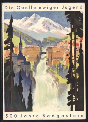 Künstler-AK Badgastein, Festpostkarte 500 Jahre Badgastein, Wasserfall, Alpen