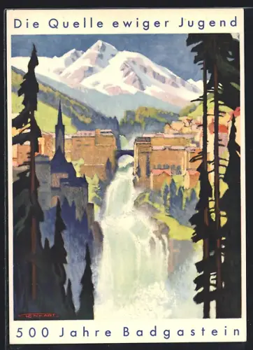 Künstler-AK Badgastein, Festpostkarte 500 Jahre Badgastein, Wasserfall, Alpen