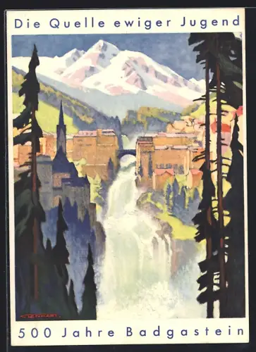 Künstler-AK Badgastein, Festpostkarte 500 Jahre Badgastein, Wasserfall, Alpen