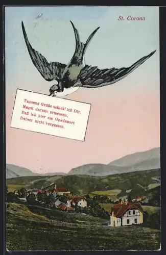 AK St. Corona, Ortspartie und Schwalbe mit Nachricht