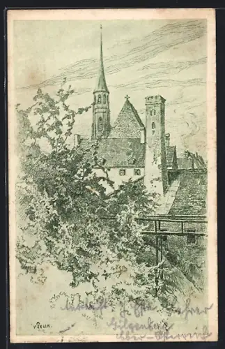 Künstler-AK Braunau, Spitalskirche vom Stadtgraben