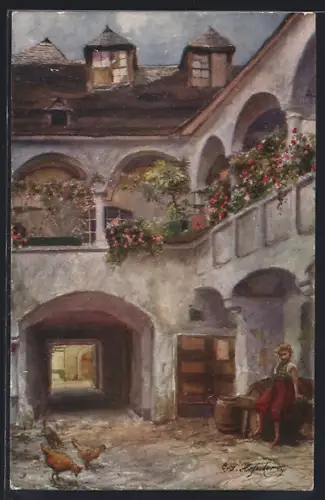 Künstler-AK E.F. Hofecker: Krems /Wachau, Löwenhof, Mädchen am Weinfass, Hühner