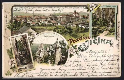 Lithographie Jitschin / Gitschin / Jicin, Zadni tocenice, Fortna, Prachovske skaly