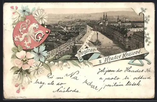 Lithographie Hradec Kralove, Denkmalplatz und Ort aus der Vogelschau, Wappen, Blumen