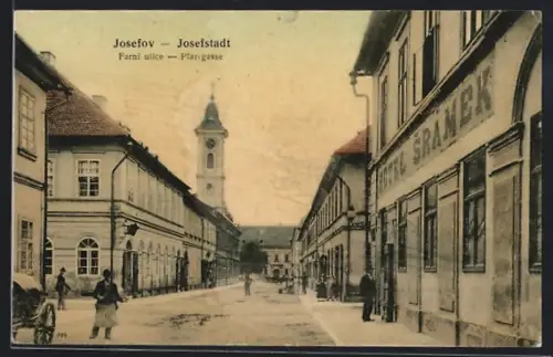 AK Josefstadt, Hotel Sramek mit Strasse und Turm