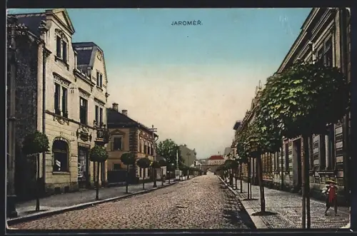 AK Jaromer, Strassenpartie mit Villen, Denkmal