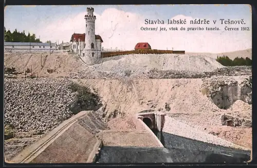 AK Tesnov, Okoli Kralovedvorske, Stavba labske nadrze v Tesnove, Ochrany jez, vtok do praveho tunelu, Cerven 1912