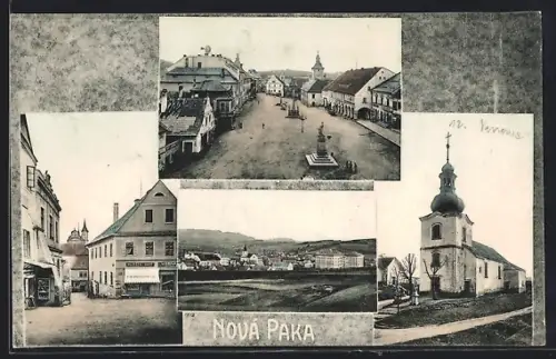 AK Nova Paka, Ortspartie mit Geschäften, Kirche, Platz mit Denkmälern