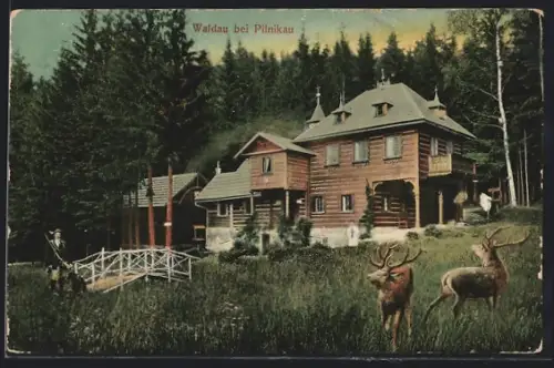 AK Waldau bei Pilnikau, Holzgebäude mit Türmchen und Brücke, Hirsche, Förster