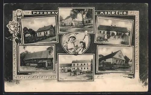 AK Mokra, Gebäudeansichten, Ortspartie, Trachtenmädchen, Platz, Ornament-Rahmen, Rosen