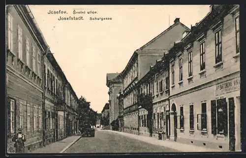 AK Josefstadt, Schulgasse, Strassenpartie mit Geschäften