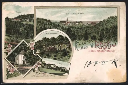 Lithographie Nove Mesto n. M.-Rezek, Pohled z Rezku k mestu, rezek, Vily, Lázne a Hostinec