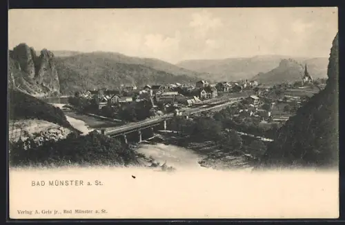 AK Bad Münster a. St., Panorama mit Brücke und Felsen