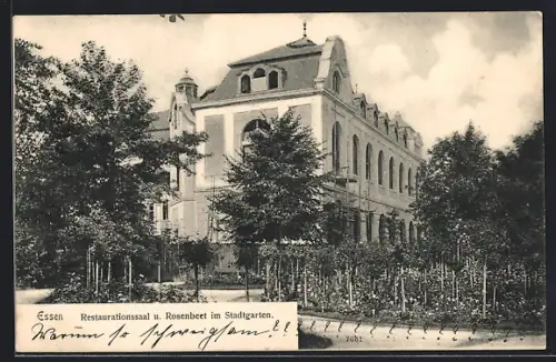 AK Essen, Restaurationssaal und Rosenbeet im Stadtgarten