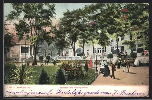 AK Essen, Stadtgarten, Terrasse mit Musikpavillon