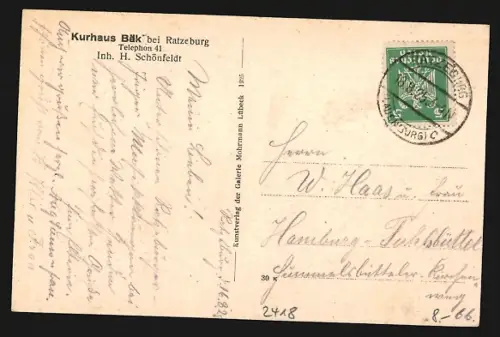 AK Bäk bei Ratzeburg, Kurhaus Bäk, Inh. H. Schönfeldt, Blick auf Ratzeburg