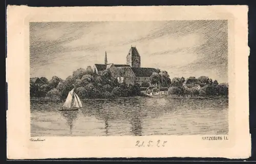 Künstler-AK Ratzeburg L., Dom, Segelboot auf dem See