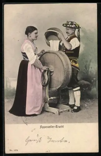 AK Appenzeller Tracht, Paar mit Wäscheschleuder