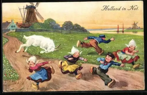 AK Holland, Wilde Ziege verjagt Kinder, Windmühle