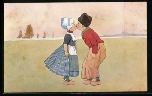 Künstler-AK Brüder Kohn (B.K.W.I) Nr. 648-10: zwei Kinder in niederländischen Trachten küssen sich