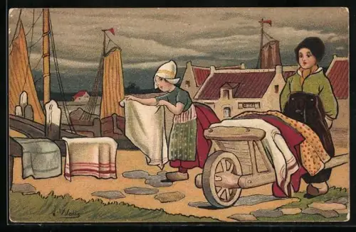 Künstler-AK sign. J. Wells: Mägde beim Aufhängen der Wäsche