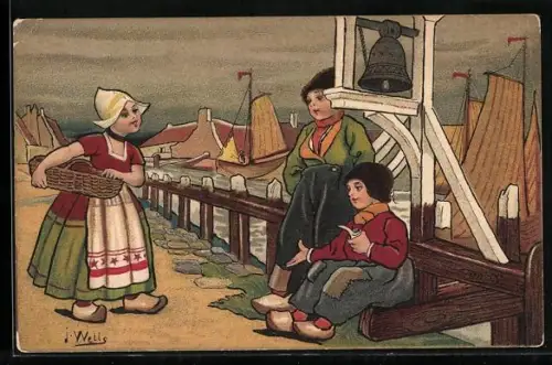Künstler-AK sign. J. Wells: Kinder in niederländischen Trachten an Glocke