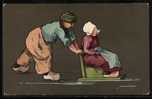 AK Niederländer schiebt Frau auf Schlitten