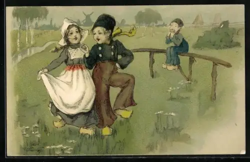 Künstler-AK niederländische Kinder tanzen auf einer Wiese