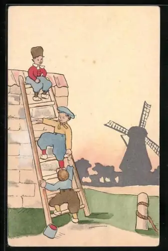 Künstler-AK Holländische Jungen auf einer Leiter vor einer Windmühle