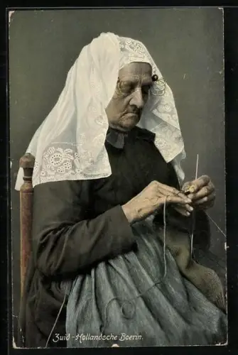 AK Zuid-Hollandische Boerin, Südholländische Bäuerin beim Stricken