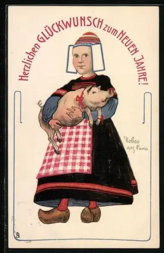 Künstler-AK Glückwunsch zum Neuen Jahre!, Maid in Tracht mit Schwein