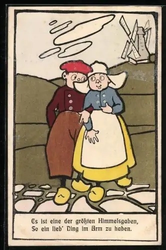Künstler-AK Kleines holländisches Paar vor einer Windmühle