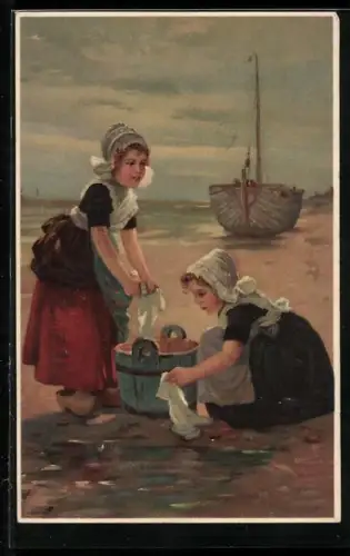 Künstler-AK Meissner & Buch (M&B) Nr. 1375: Von Haus und Herd, kleine Wäscherinnen