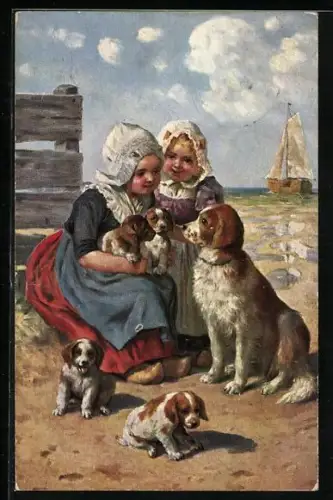 AK Holländische Mädchen mit Hundewelpen