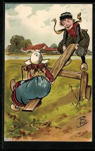 Künstler-AK Holländische Kinder auf einer Wippe