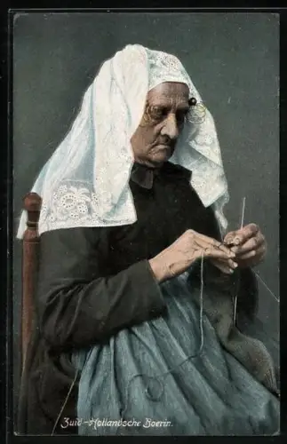 AK Zuid-Hollandische Boerin, Südholländische Bäuerin beim Stricken