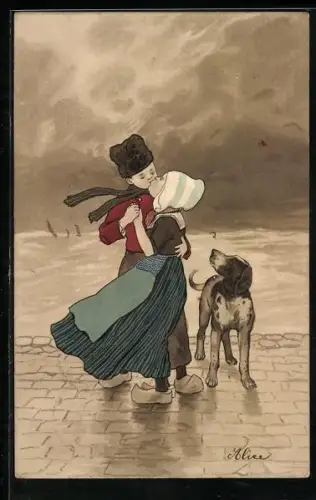 AK Holländischer Junge küsst sein Mädchen, Hund schaut zu