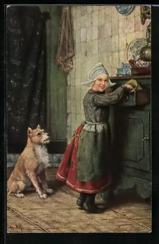 Künstler-AK Holländisches Mädchen mit Hund greift nach Süssigkeiten