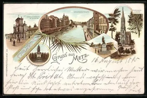 Vorläufer-Lithographie Metz, 1895, Zeughausstaden, Vinzentkirche mit Lyceum, Garnisonkirche
