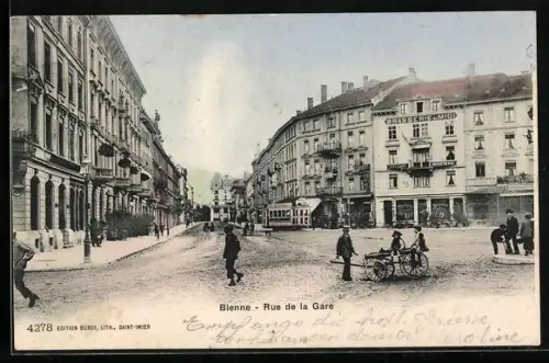 AK Bienne, Rue de la Gare, Strassenbahn