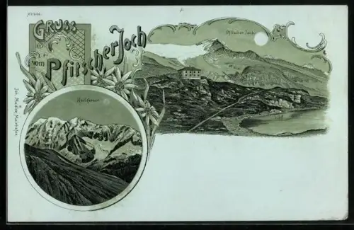Lithographie Pfitscher Joch-Haus, Ansicht am Bergsee, Hochferner