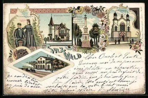 Lithographie Sulz u. Wald, Neue Synagoge, Kaiserliches Postamt, Bahnhof, Denkmal für die Gefallenen von 1870