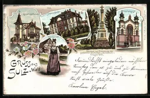 Lithographie Sulz u. Wald, Neue Synagoge, Kaiserliches Postamt, Schloss Binder, Denkmal gefallener Krieger
