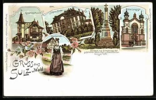 Lithographie Sulz u. Wald, Neue Synagoge, Kaiserliches Postamt, Schloss Binder und Denkmal f. d. Gefallenen von 1870