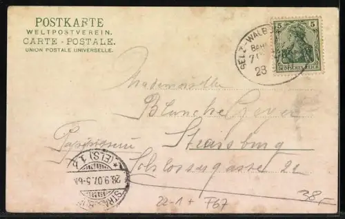 Lithographie Sulz u. Wald, Neue Synagoge, Kaiserliches Postamt, Schloss Binder und Denkmal f. d. Gefallenen von 1870