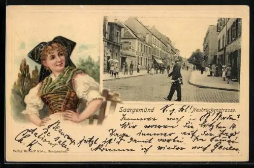 Präge-AK Saargemünd, Neubrückenstrasse, Frau in Tracht