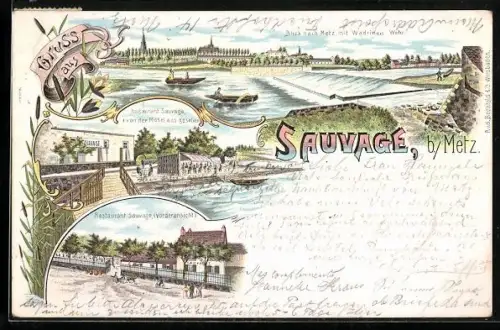 Lithographie Sauvage b. Metz, Restaurant Sauvage von der Mosel aus gesehen, Blick nach Metz