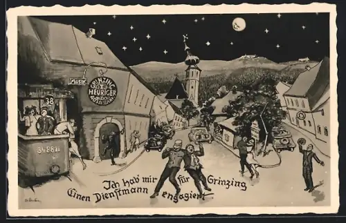 Künstler-AK Wien-Grinzing, Ortspartie mit Gasthaus aus der Sicht eines Betrunkenen