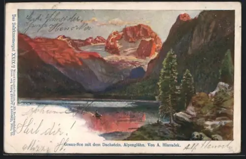 Künstler-AK Anton Hlavacek: Gosausee mit Dachstein, Alpenglühn