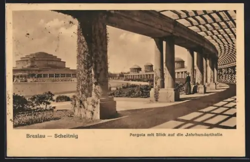 AK Breslau, Scheitnig-Park, Pergola mit Blick auf Jahrhunderthalle
